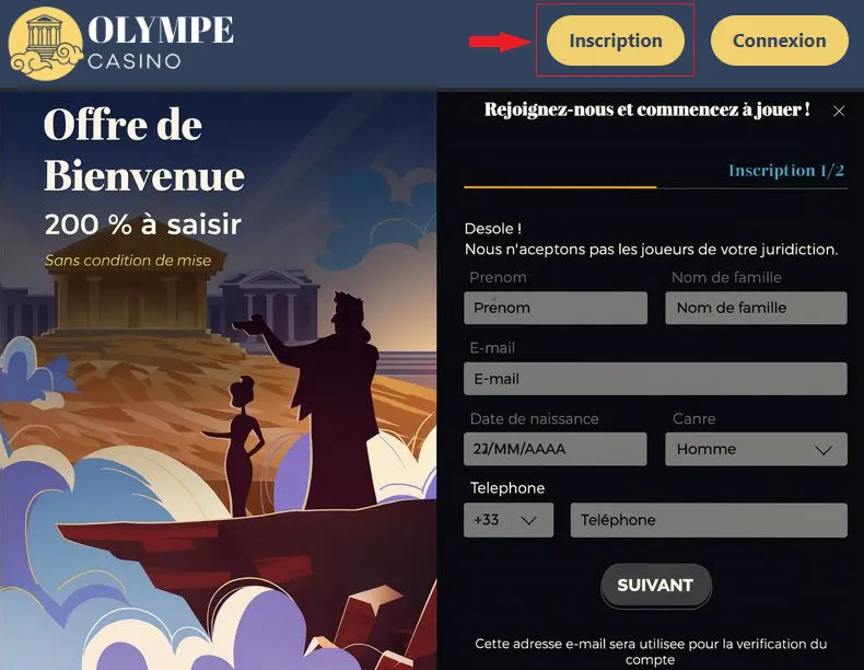Inscription au Olympe Casino